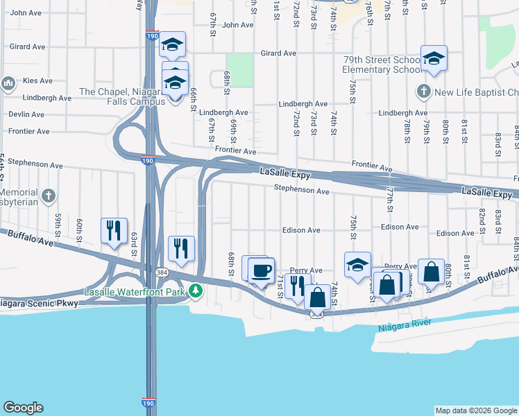 map of restaurants, bars, coffee shops, grocery stores, and more near 334 70th St in Niagara Falls