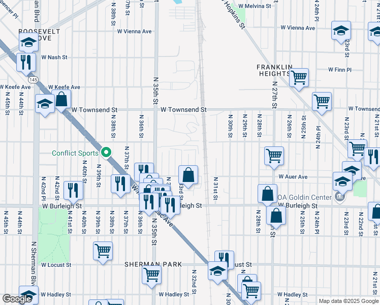 map of restaurants, bars, coffee shops, grocery stores, and more near 3267 North 32nd Street in Milwaukee