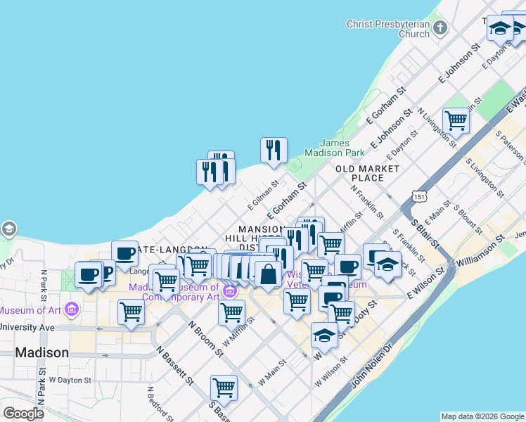 map of restaurants, bars, coffee shops, grocery stores, and more near 410 North Pinckney Street in Madison