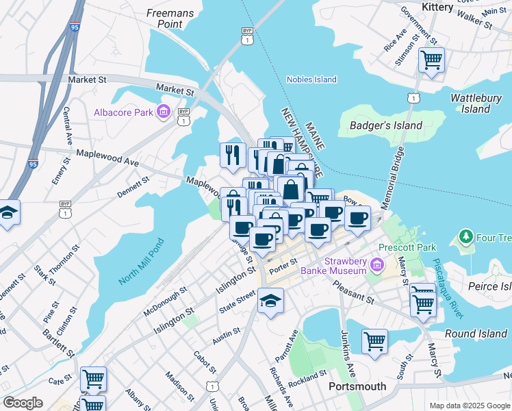 map of restaurants, bars, coffee shops, grocery stores, and more near Deer Street in Portsmouth