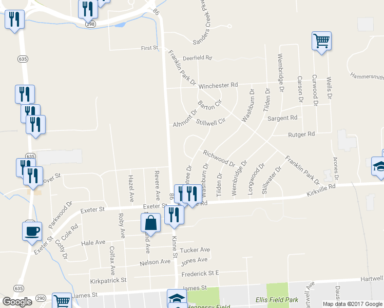 map of restaurants, bars, coffee shops, grocery stores, and more near 204 Greentree Drive in East Syracuse