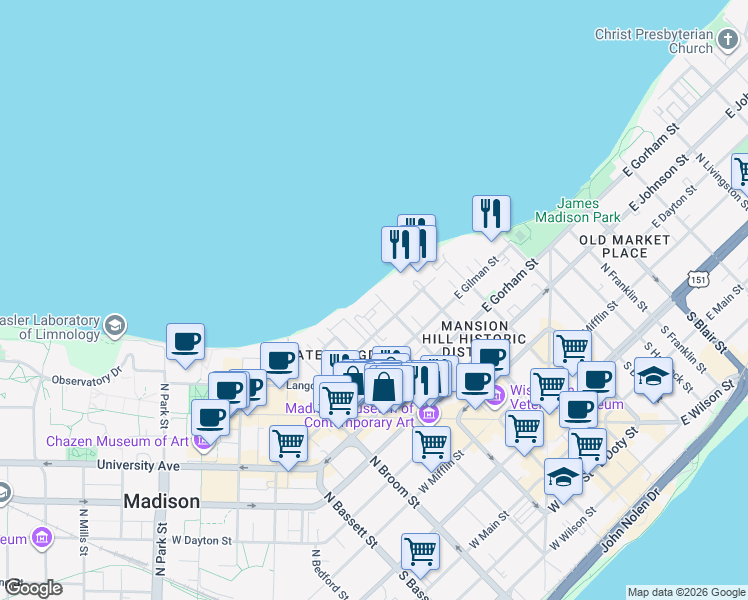 map of restaurants, bars, coffee shops, grocery stores, and more near 620 North Carroll Street in Madison