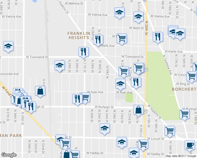 map of restaurants, bars, coffee shops, grocery stores, and more near 3269A North 25th Street in Milwaukee