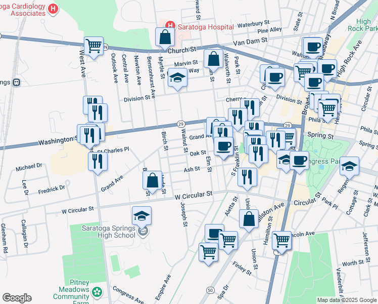 map of restaurants, bars, coffee shops, grocery stores, and more near 74 Walnut Street in Saratoga Springs