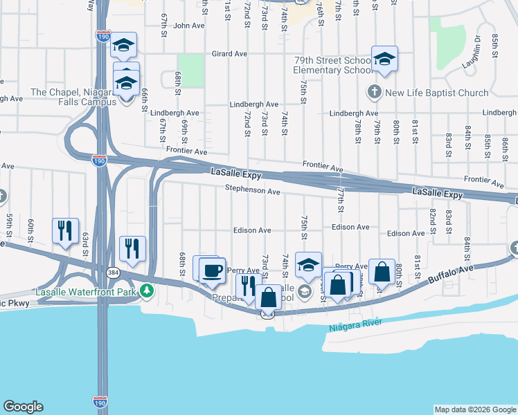 map of restaurants, bars, coffee shops, grocery stores, and more near 334 73rd Street in Niagara Falls