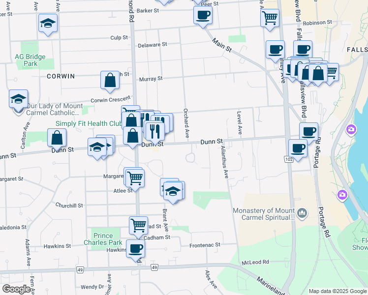 map of restaurants, bars, coffee shops, grocery stores, and more near in Niagara Falls