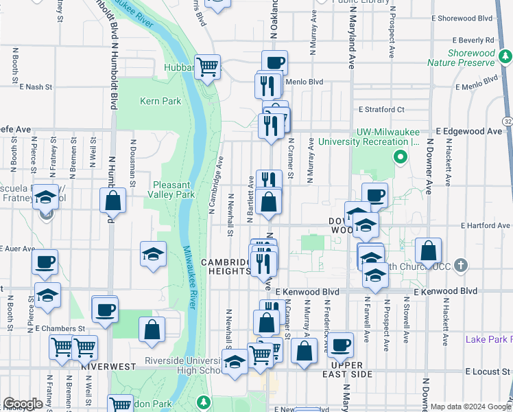 map of restaurants, bars, coffee shops, grocery stores, and more near 3335 North Oakland Avenue in Milwaukee