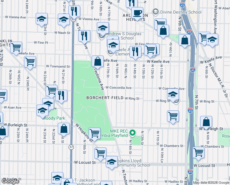 map of restaurants, bars, coffee shops, grocery stores, and more near 3275 North 16th Street in Milwaukee