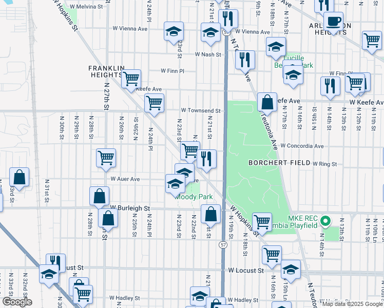 map of restaurants, bars, coffee shops, grocery stores, and more near 2232 West Hopkins Street in Milwaukee