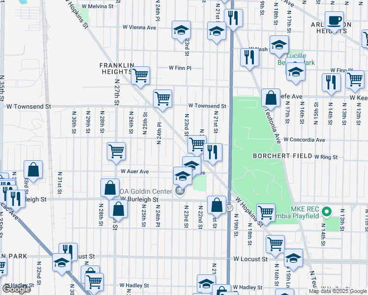 map of restaurants, bars, coffee shops, grocery stores, and more near 3268 North 24th Street in Milwaukee