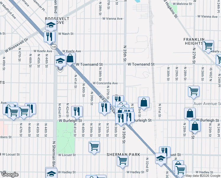 map of restaurants, bars, coffee shops, grocery stores, and more near 3245 North 37th Street in Milwaukee