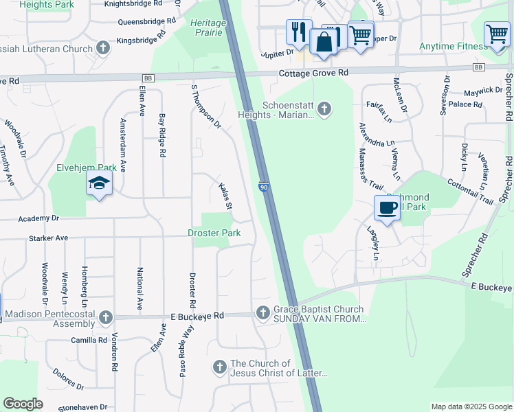 map of restaurants, bars, coffee shops, grocery stores, and more near 1329 South Thompson Drive in Madison