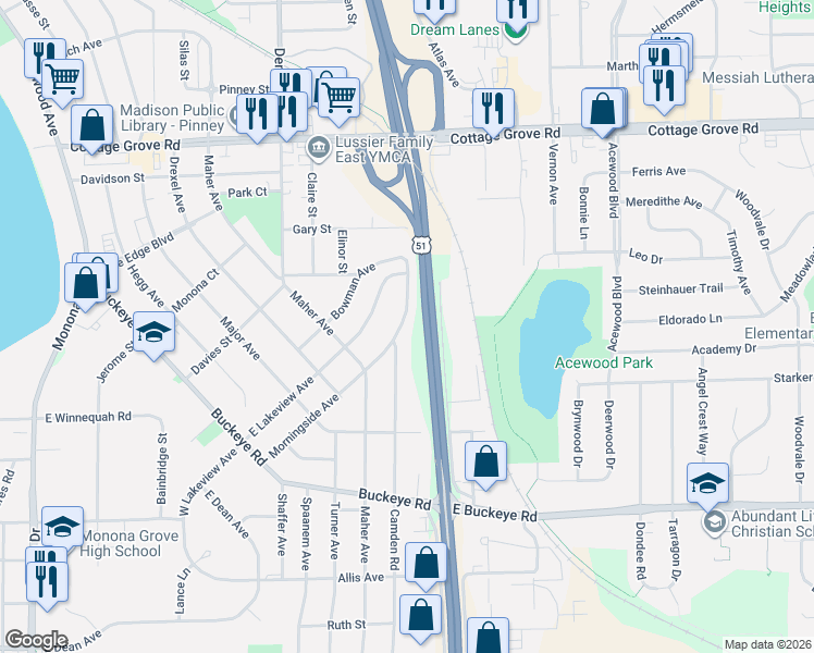 map of restaurants, bars, coffee shops, grocery stores, and more near 603 Morningside Avenue in Madison