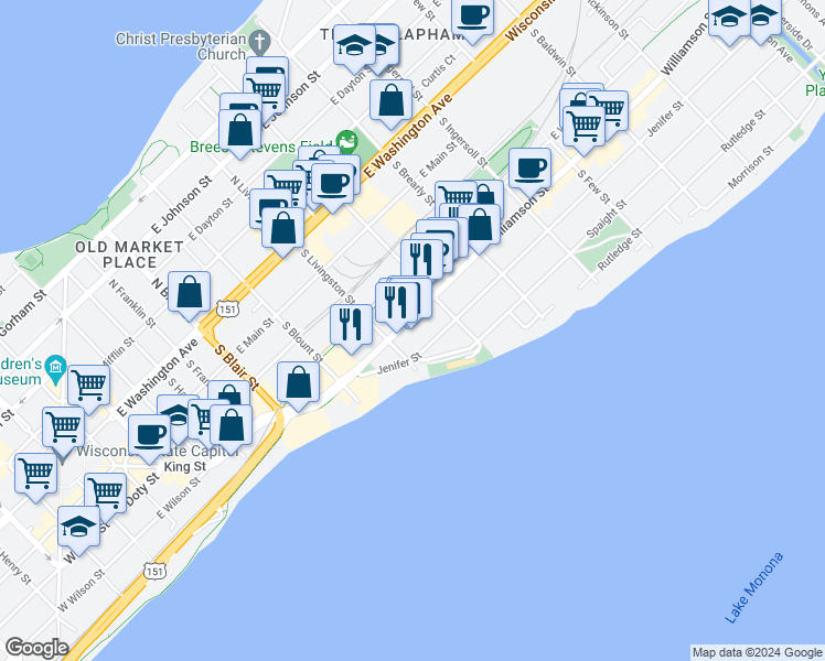 map of restaurants, bars, coffee shops, grocery stores, and more near 821 Williamson Street in Madison