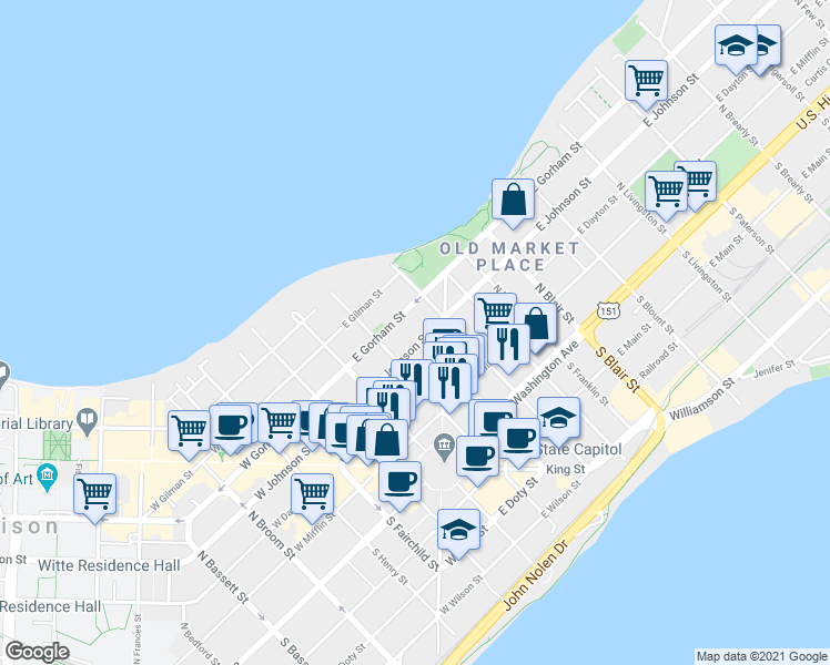 map of restaurants, bars, coffee shops, grocery stores, and more near 134 East Johnson Street in Madison