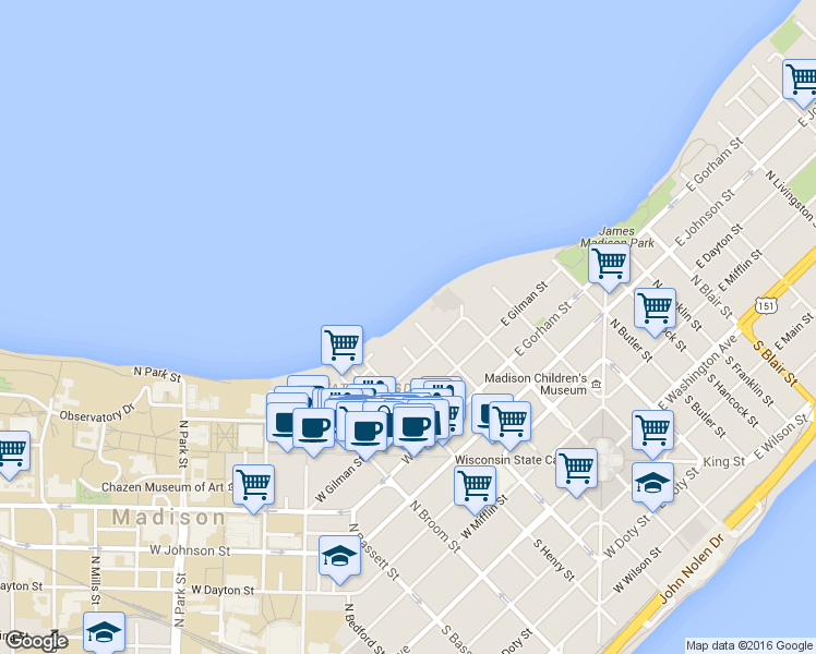 map of restaurants, bars, coffee shops, grocery stores, and more near 130 Langdon Street in Madison
