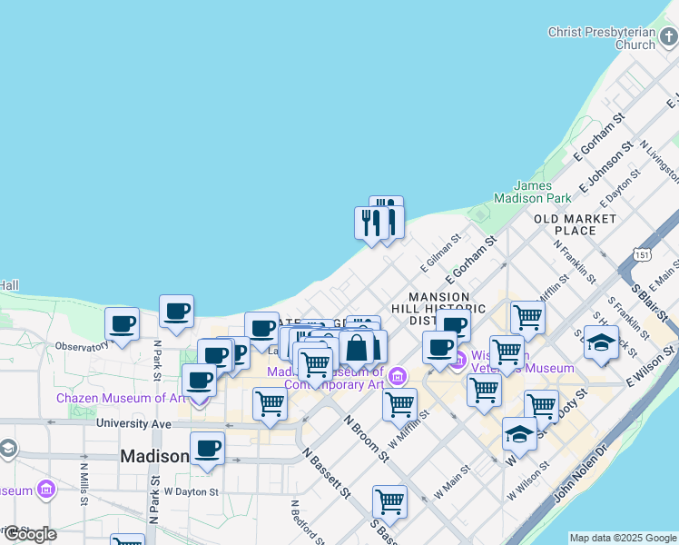 map of restaurants, bars, coffee shops, grocery stores, and more near 130 Langdon Street in Madison