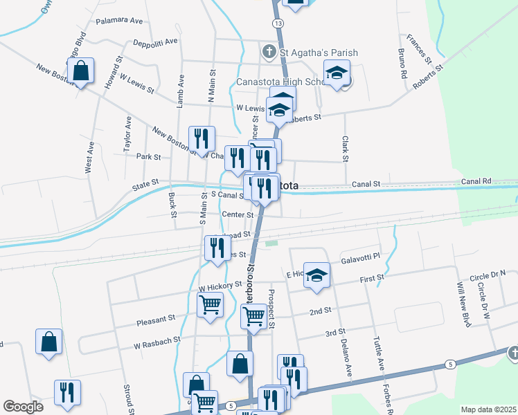 map of restaurants, bars, coffee shops, grocery stores, and more near 135 South Peterboro Street in Canastota