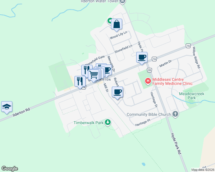 map of restaurants, bars, coffee shops, grocery stores, and more near 124 Mill Street in Ilderton