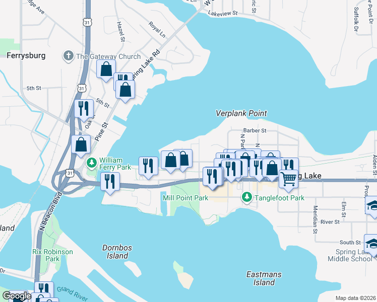 map of restaurants, bars, coffee shops, grocery stores, and more near 213 Dixie Street in Spring Lake