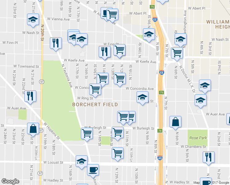 map of restaurants, bars, coffee shops, grocery stores, and more near 3282-3284 North 13th Street in Milwaukee