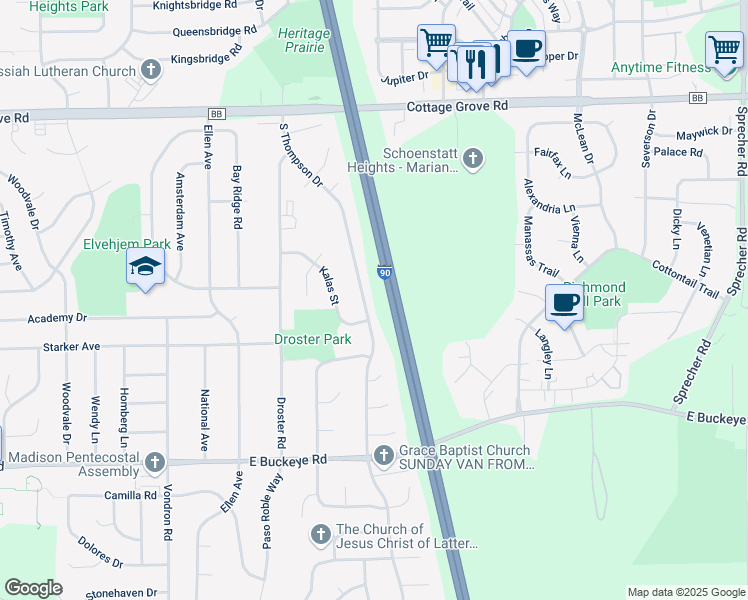map of restaurants, bars, coffee shops, grocery stores, and more near 1329 South Thompson Drive in Madison