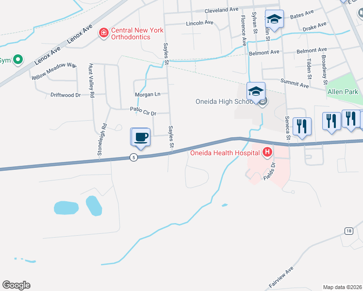 map of restaurants, bars, coffee shops, grocery stores, and more near 388 Genesee Street in Oneida