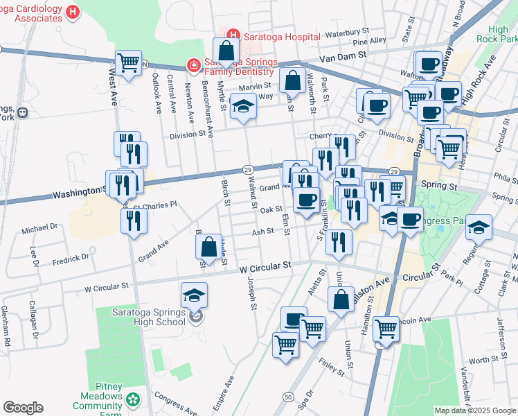 map of restaurants, bars, coffee shops, grocery stores, and more near 74 Walnut Street in Saratoga Springs