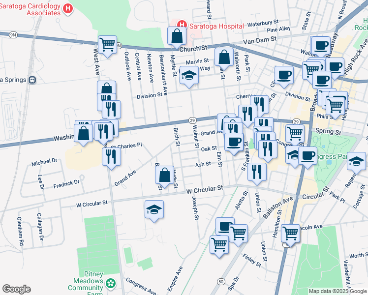 map of restaurants, bars, coffee shops, grocery stores, and more near 99 Oak Street in Saratoga Springs