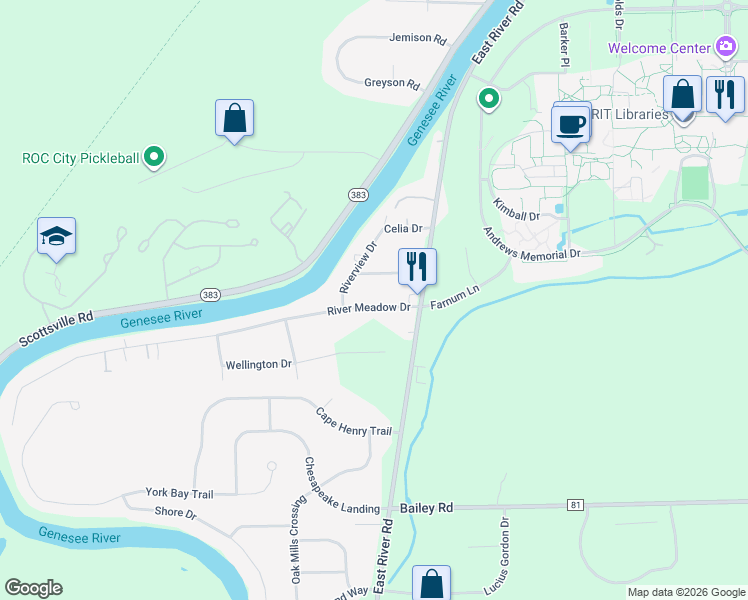 map of restaurants, bars, coffee shops, grocery stores, and more near 44 River Meadow Drive in Rochester