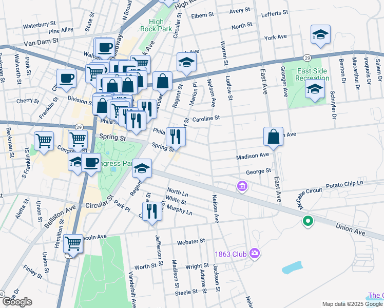 map of restaurants, bars, coffee shops, grocery stores, and more near 157 Spring Street in Saratoga Springs
