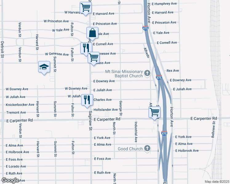 map of restaurants, bars, coffee shops, grocery stores, and more near 1090 East Juliah Avenue in Flint