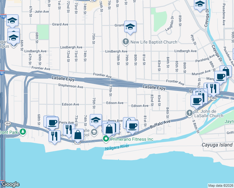 map of restaurants, bars, coffee shops, grocery stores, and more near 328 78th Street in Niagara Falls