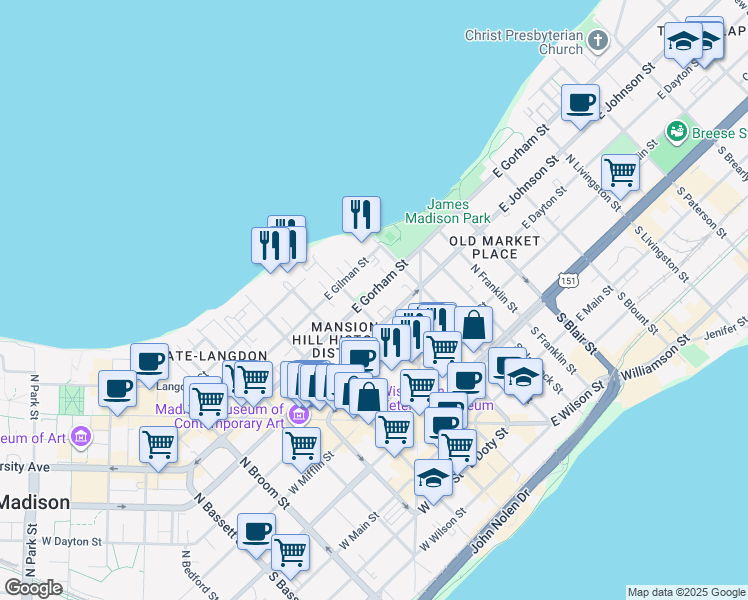 map of restaurants, bars, coffee shops, grocery stores, and more near 104 East Gorham Street in Madison