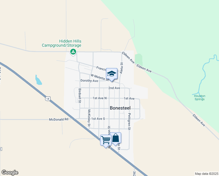 map of restaurants, bars, coffee shops, grocery stores, and more near 2nd Avenue in Bonesteel