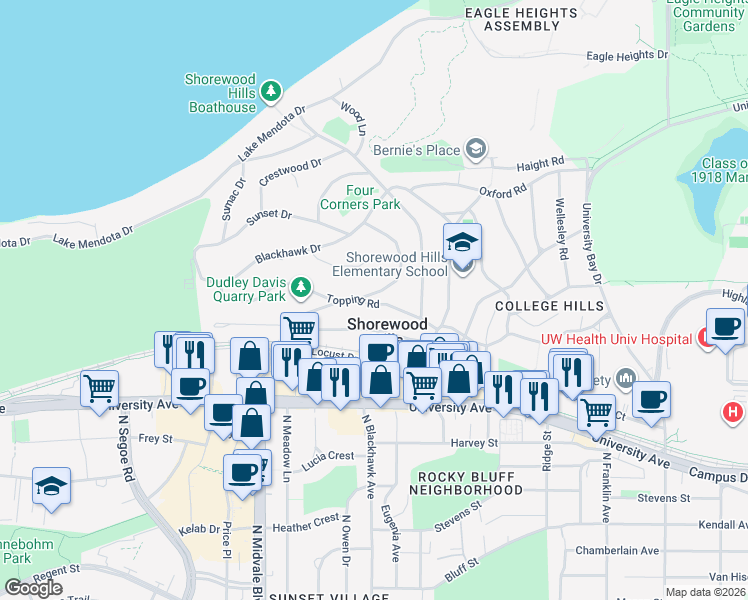 map of restaurants, bars, coffee shops, grocery stores, and more near 1003 Oak Way in Madison