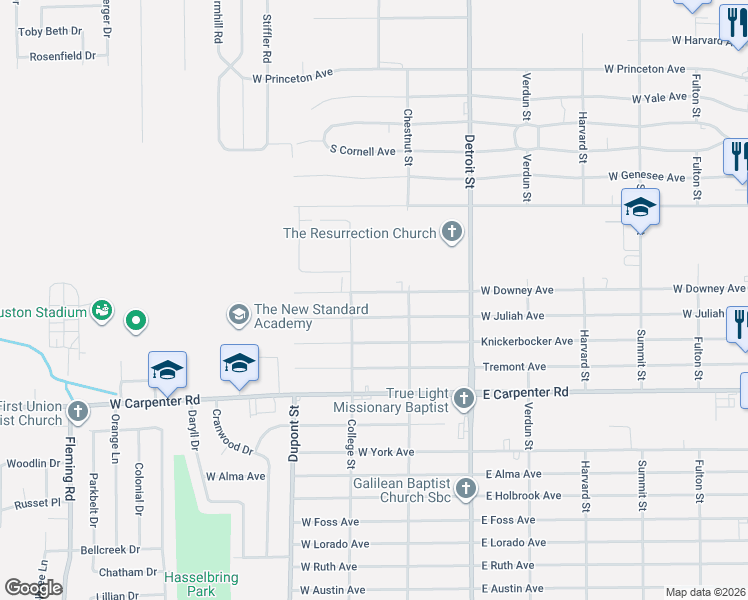 map of restaurants, bars, coffee shops, grocery stores, and more near 1435 West Downey Avenue in Flint