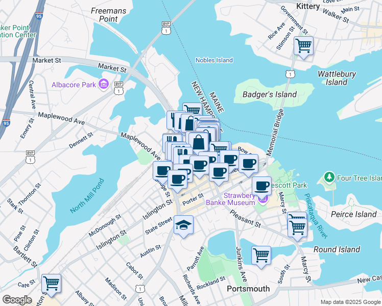 map of restaurants, bars, coffee shops, grocery stores, and more near 407 Deer Street in Portsmouth