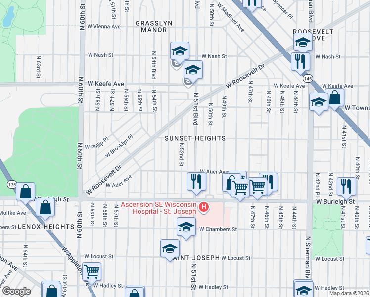 map of restaurants, bars, coffee shops, grocery stores, and more near 3266 North 52nd Street in Milwaukee