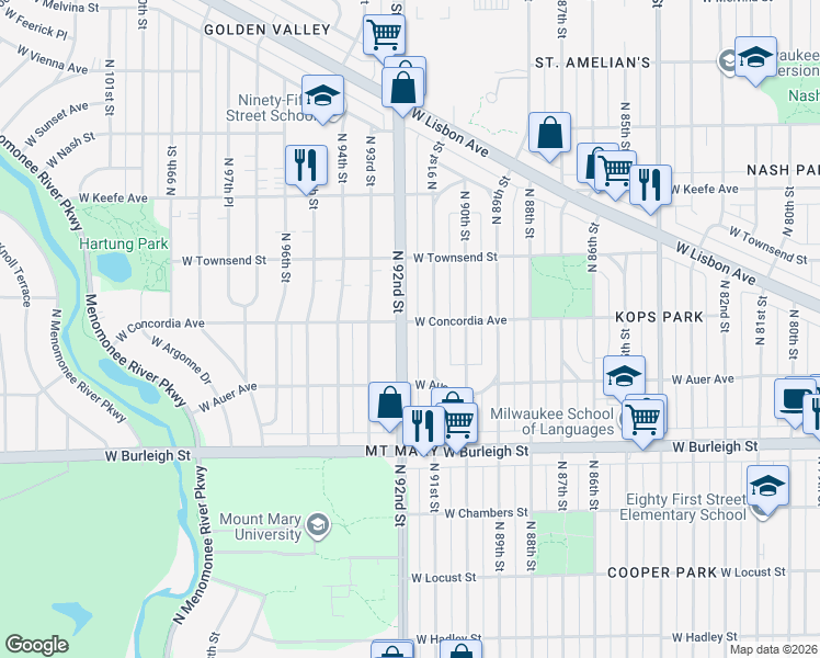 map of restaurants, bars, coffee shops, grocery stores, and more near 3272 North 92nd Street in Milwaukee