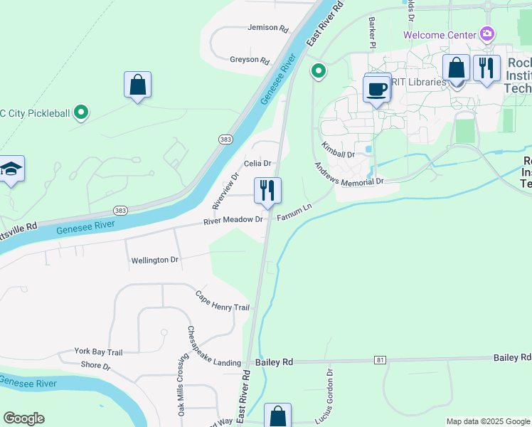 map of restaurants, bars, coffee shops, grocery stores, and more near 3289 E River Rd in Rochester