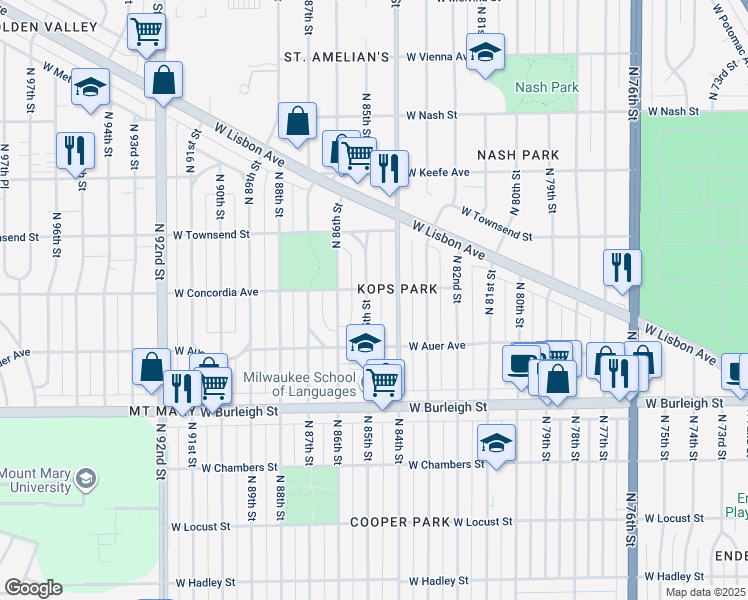 map of restaurants, bars, coffee shops, grocery stores, and more near 3266 North 85th Street in Milwaukee