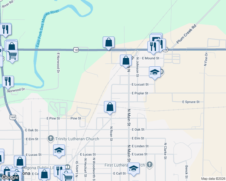 map of restaurants, bars, coffee shops, grocery stores, and more near 1413 East Poplar Street in Algona