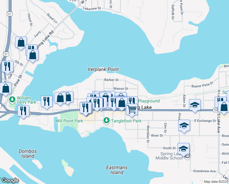 map of restaurants, bars, coffee shops, grocery stores, and more near 214 North Division Street in Spring Lake