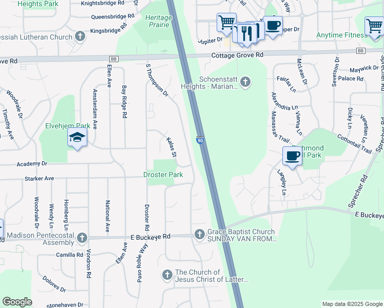 map of restaurants, bars, coffee shops, grocery stores, and more near 1329 South Thompson Drive in Madison