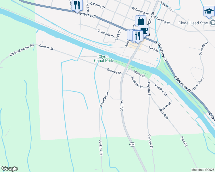 map of restaurants, bars, coffee shops, grocery stores, and more near 63 Waterloo Street in Clyde