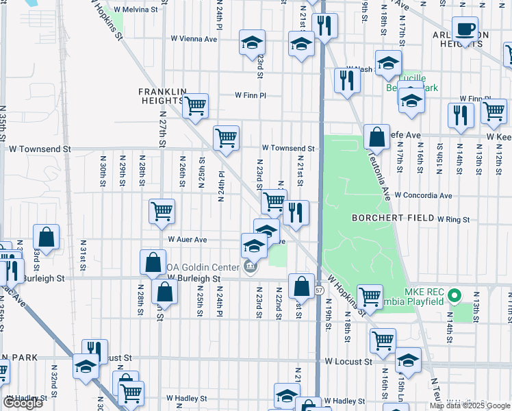 map of restaurants, bars, coffee shops, grocery stores, and more near 3268 North 24th Street in Milwaukee