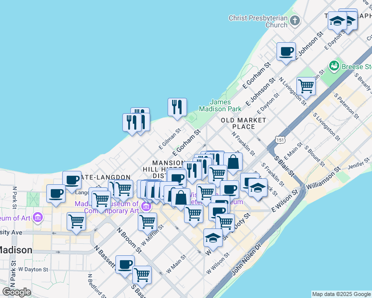 map of restaurants, bars, coffee shops, grocery stores, and more near 115 East Gorham Street in Madison