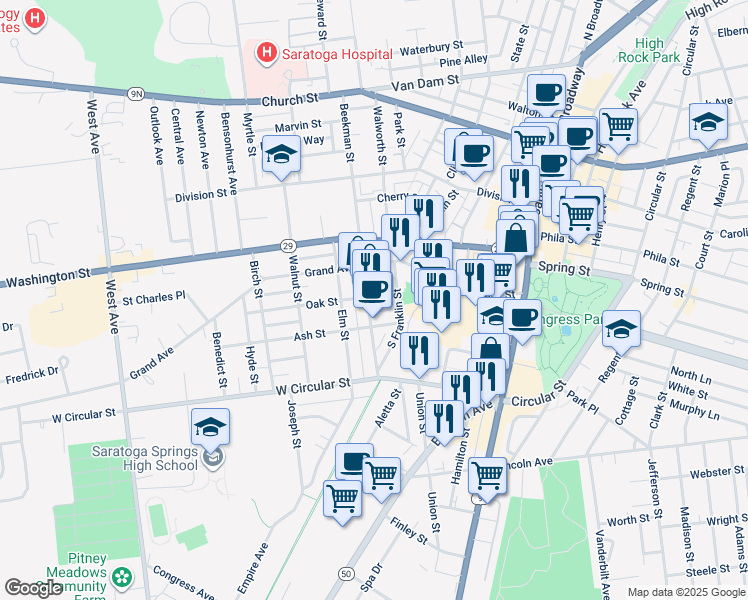 map of restaurants, bars, coffee shops, grocery stores, and more near 68 Beekman Street in Saratoga Springs