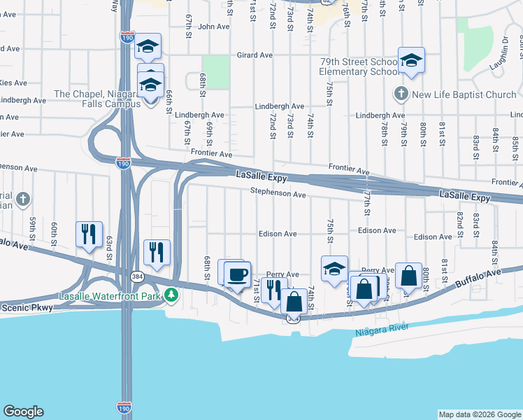 map of restaurants, bars, coffee shops, grocery stores, and more near 339 71st Street in Niagara Falls